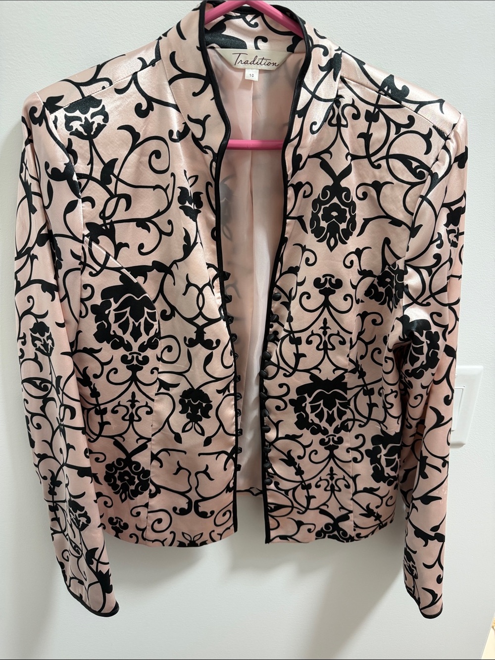 Tradition Pink Satin Blazer with Black Filigree